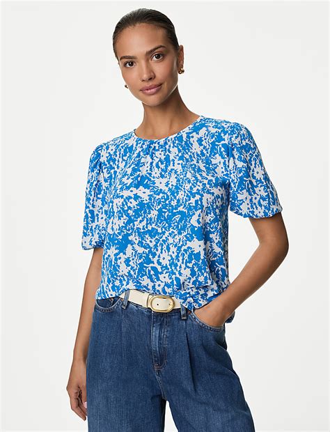 Buy Printed Round Neck Puff Sleeve Blouse at Marks & Spencer