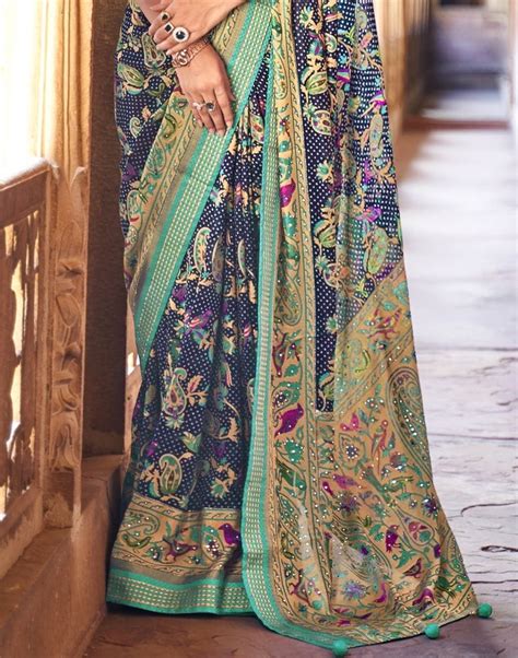 Imposing Navy Blue Botanical Print Patola Saree – South India Shopping Mall