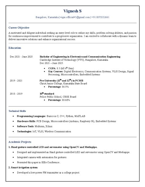 Vigni resume - Vignesh S 2021EC158 - Vignesh S Bangalore, Karnataka ...