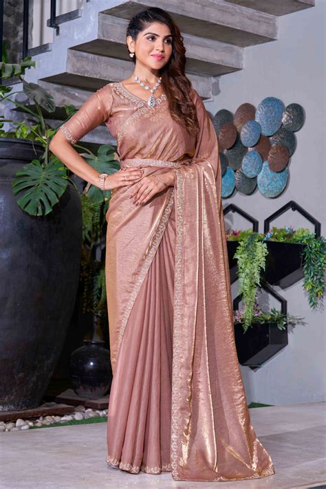 Brown Stone Work Embroidered Satin Silk Saree