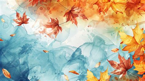 Watercolor painting of autumn leaves falling against a background of ...