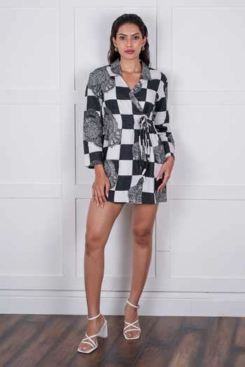 Buy Black Linen Embroidery Collared Checkered Pattern Wrap Dress For ...
