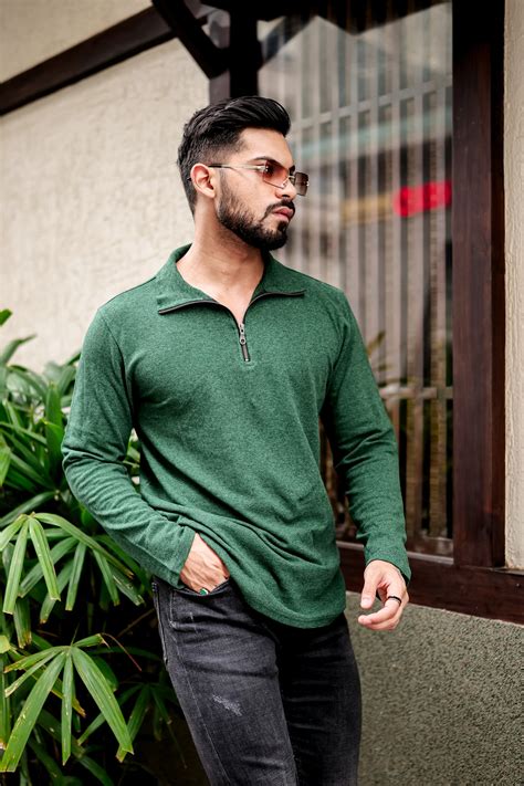 Gritstones Green Self Design Tinted Zipper T-Shirt