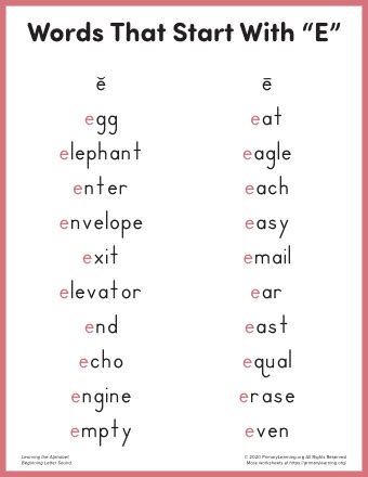 List of Words That Start With Letter E For Children - Worksheets Library