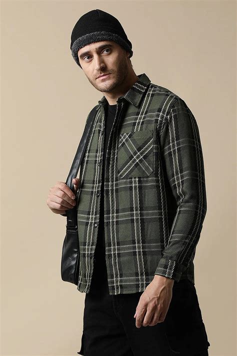 Buy Men's Olive Green Knitted Plaid Shacket by Fort Collins Online in India
