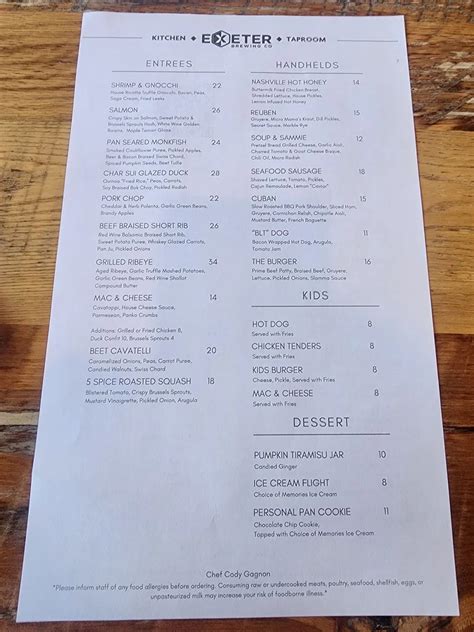 Exeter Brewing Co. Kitchen + Taproom Menu - Updated November 2025