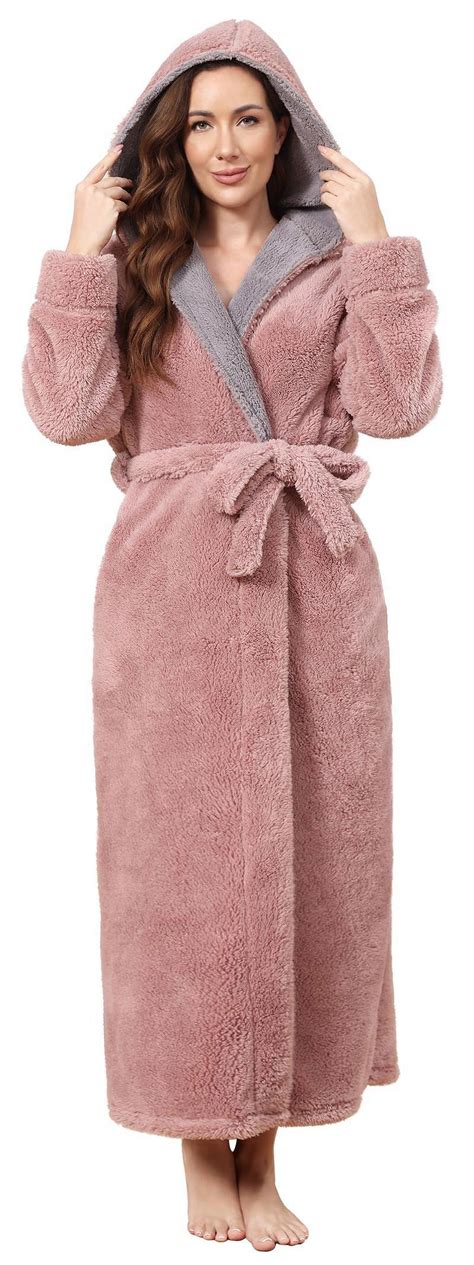 LOFIR Women's Full-Length Robe, Soft Fleece Hooded Bathrobe with Side ...