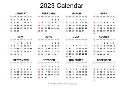 Printable Yearly Calendar 2023 | Free Download in PDF - Bordio
