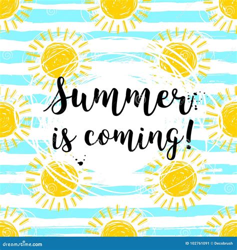 Lettering Summer Is Coming Hand Drawn Sun Background, Striped Pattern ...