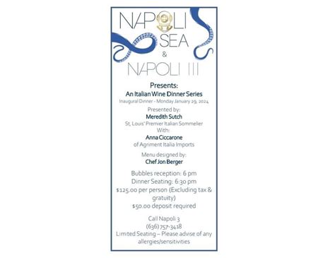 Napoli III Inaugural Wine Dinner , Napoli III, Earth City, 29 January ...