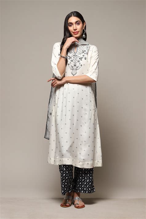 Off White Cotton A-Line Kurta Palazzo Suit Set