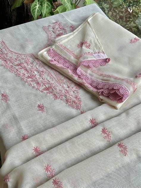 White & Pink Kota Chikankari Unstitched Fabrics