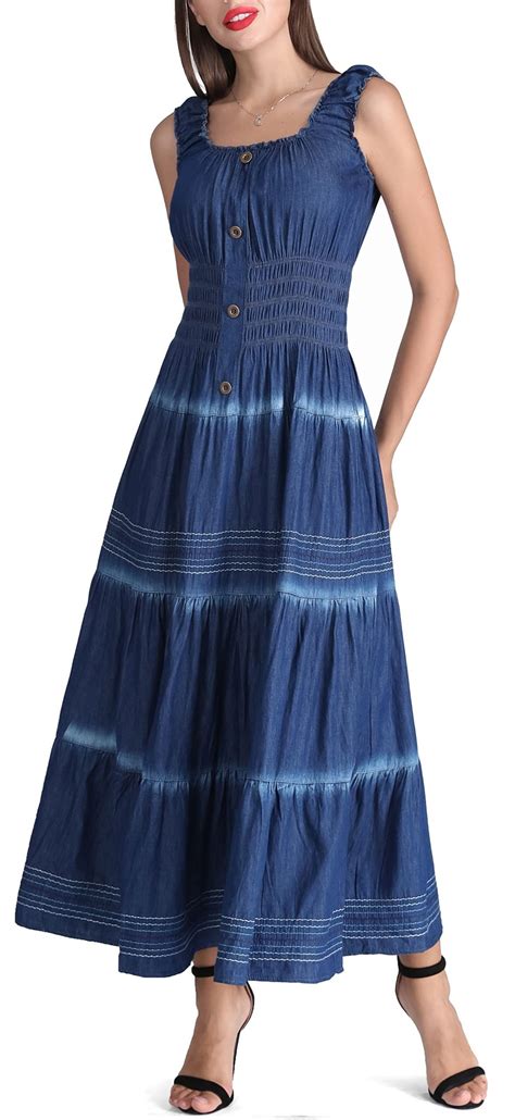 DREFBUFY Women's Maxi Dress Sleeveless Denim Long Summer A-line Casual ...