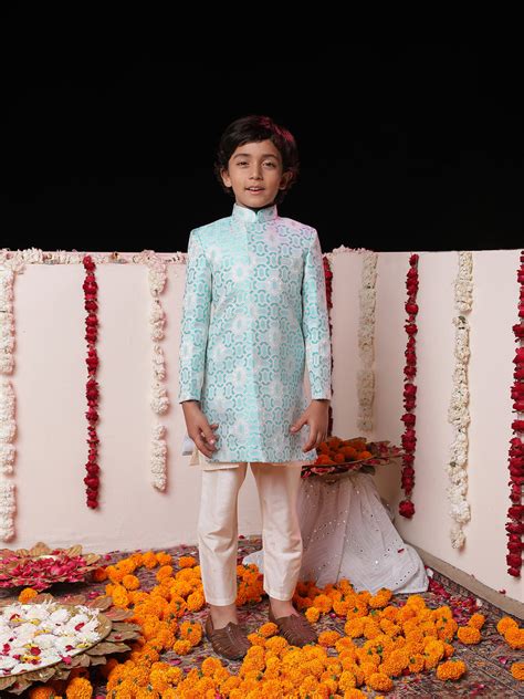 Boy's' Blue Jacquard Sherwani Set – vastramay