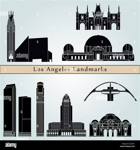 Los Angeles landmarks and monuments isolated on blue background in ...