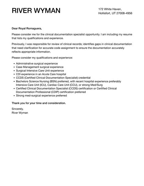 Clinical Documentation Specialist Cover Letter | Velvet Jobs