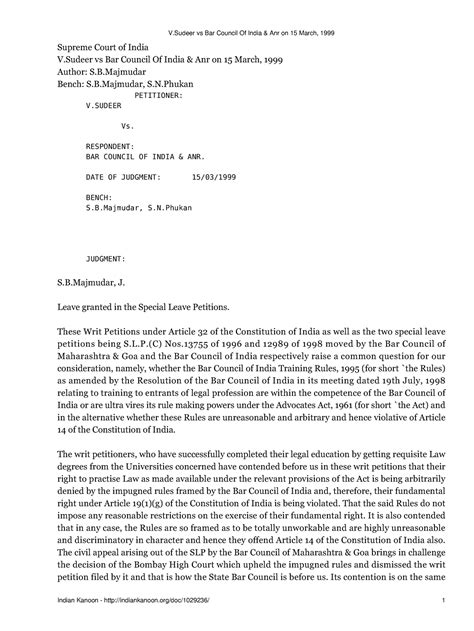 V Sudeer vs Bar Council Of India Anr on 15 March 1999 - Supreme Court ...