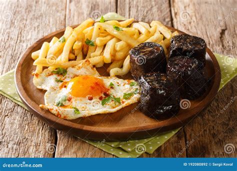 Spanish Style Fried Egg with French Fries and Blood Sausage Close-up in ...