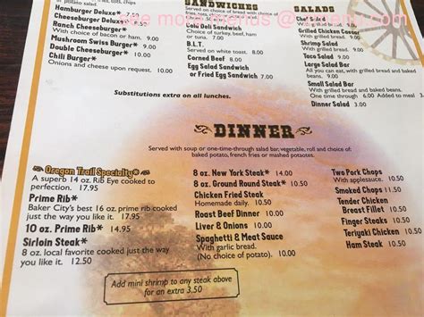 Menu at Oregon Trail Restaurant, Baker City