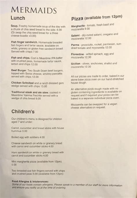 Menu at Mermaids coffee shop restaurant, Southampton
