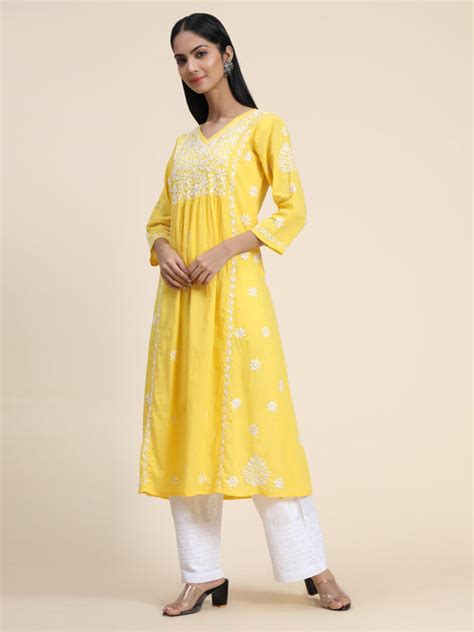 Hand embroidery Chikankari V Neck Anarkali Dress | Long Kurti in Cotto ...