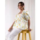 White Blue Printed Cotton Linen Shirt