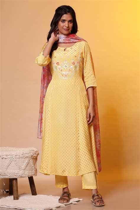 Buy Yellow Floral Printed Flared Kurta, Pants and Dupatta Set Online ...
