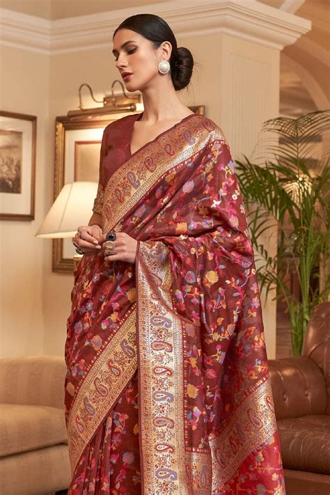 Buy Maroon Pashmina Saree 72490 Online | Karagiri