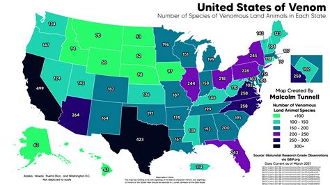 [OC] United States of Venom: Number of Species of Venomous Land Animal ...