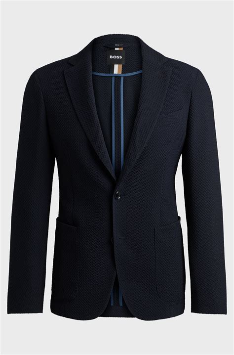 BOSS - Slim-fit jacket in wool-blend seersucker fabric - Dark Blue