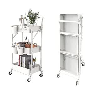 DTK 3 Tier Foldable Metal Rolling Cart, Metal Trays Utility Cart with ...