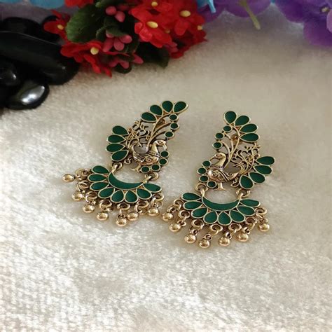 Gold-Plated Peacock Design Antique Meenakari Dangler Earrings ...