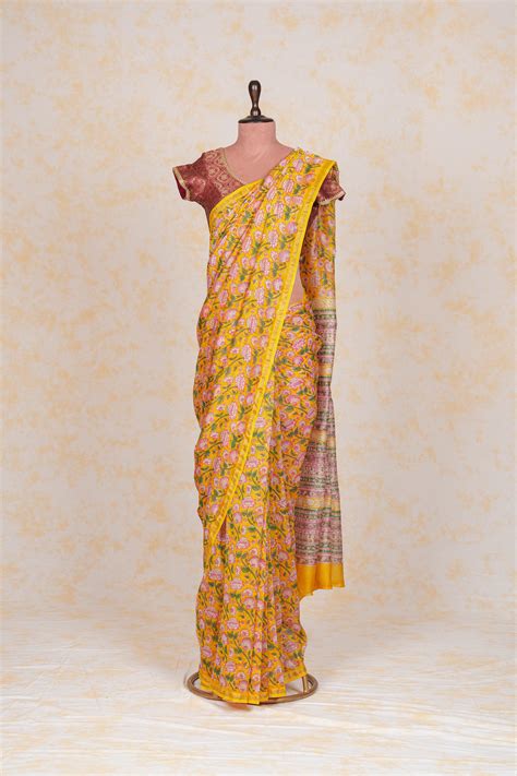 Cotton Hand Block Print Sarees Yellow – House Of Vaarasa