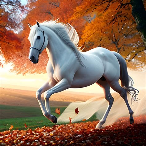 Modern girls, white horses, fallen leaves, long hair flowing, dramatic ...