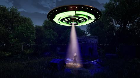 A UFO casting colorful lights, hovering above a man in black standing ...