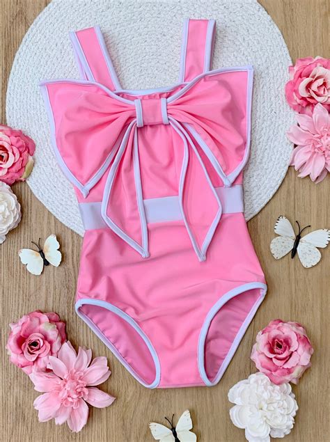 Blushing Summer Statement Bow Pink One Piece Swimsuit – Mia Belle Girls