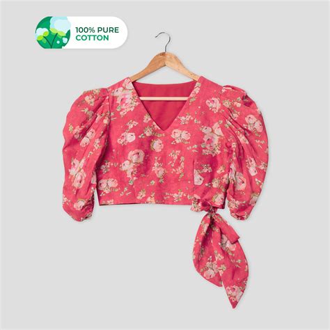 Deep Pink Floral V-Neck Puff Sleeve Pure Cotton Blouse – Fabcurate