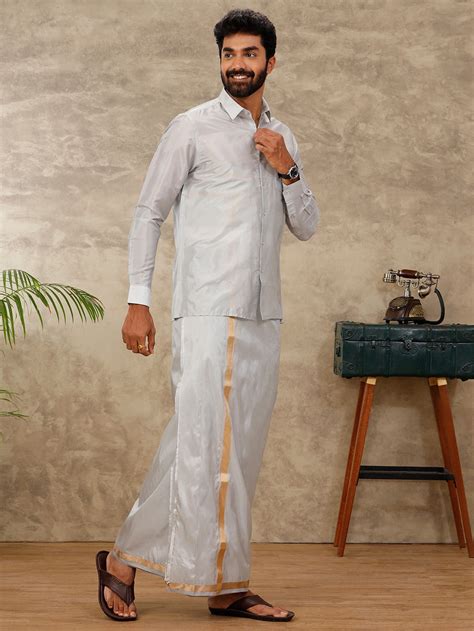 Men Art Silk Silver Grey Shirt & Dhoti Towel Set Swayamvara