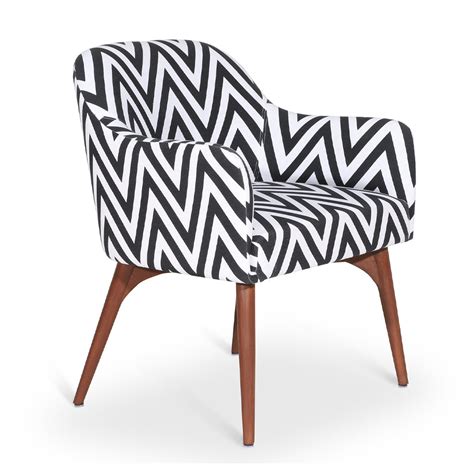 Aavaha - Teak Legs Dining Chair, Black White Printed Fabric | Alankaram