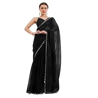 Buy ORHANS Women's Pure Chiffon Embellished Beads and Stones Saree With ...