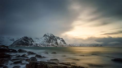 Download wallpaper winter, sea, stones, rocks, coast, Norway, the ...