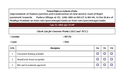 MMS QQ CH 009 - Concrete Works Check List for Padora Junction - Studocu