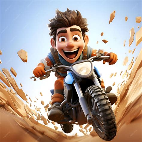 Illustration 3D d'un personnage de dessin animé sur une moto dans le ...