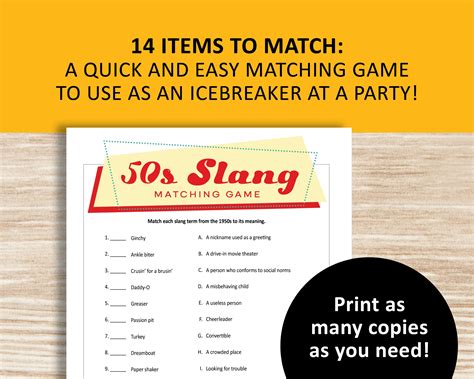 1950s Slang Game, Matching Printable, 50s Theme Party, Decades Trivia ...