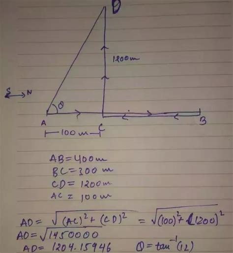 An aeroplane flies 400m north and 300m south and then flies 1200m ...