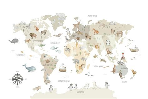 Animal World Map Wallpaper for Kids