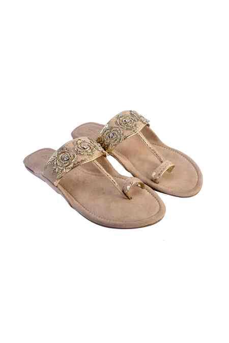 Buy Beige Embroidery, Cut Work Suede Kolhapuri Sandals by Preet Kaur ...