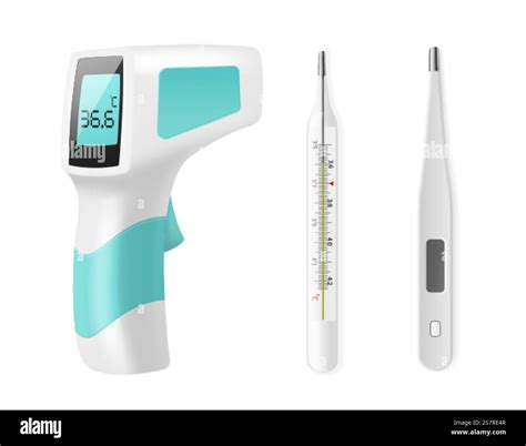 Realistic thermometers. Different types medical devices, measuring ...