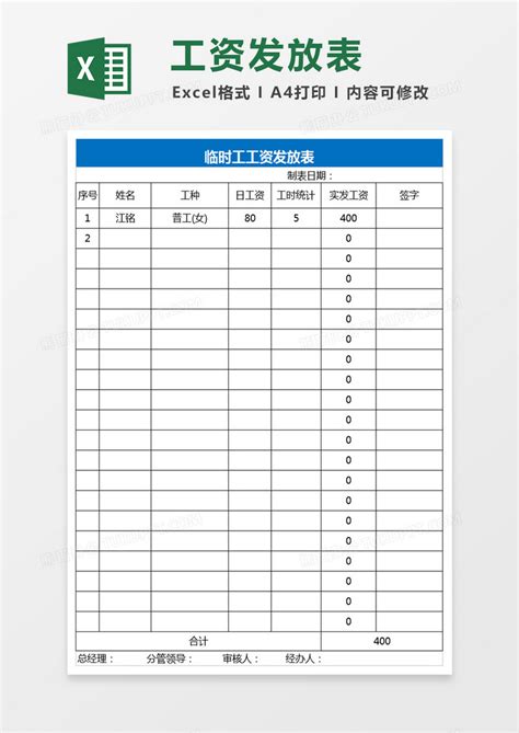 工厂财务临时工工资表Excel模板下载_熊猫办公