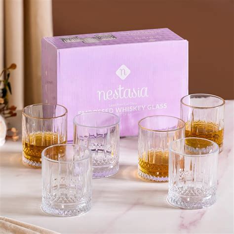 Nestasia Set of 6 Whiskey Glasses (220ml Each) | Elegant Ribbed Design ...